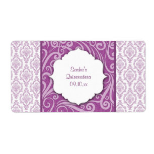 Etiqueta Botella de agua Quinceañera Damask púrpura o Favor