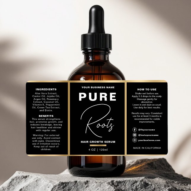 Etiqueta Botella minimalista de aceite de pelo negro y dora (Subido por el creador)