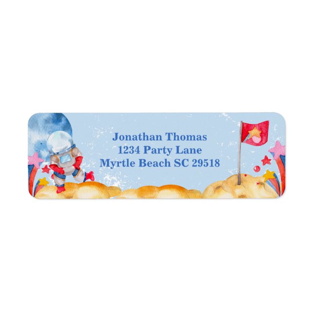 Etiqueta Boys Blue Outerspace Astronauta Partido del Cumple (Frente)