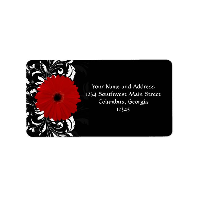 Etiqueta Brillante Red Gerbera Daisy sobre negro (Frente)