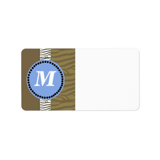 Etiqueta Brown and Blue Zebra Pattern Monogram (Frente)