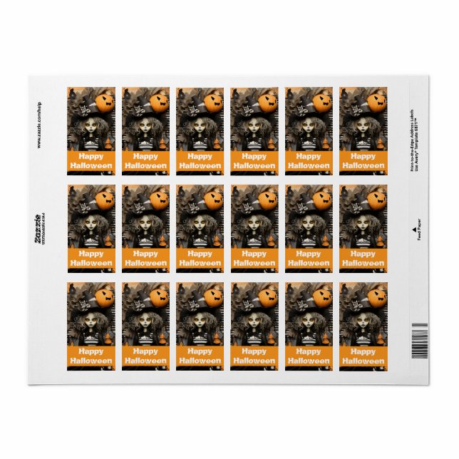 Etiqueta Bruja de Halloween con calabazas (Hoja Entera)