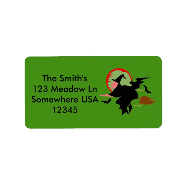 Etiqueta Bruja voladora de Halloween (Frente)