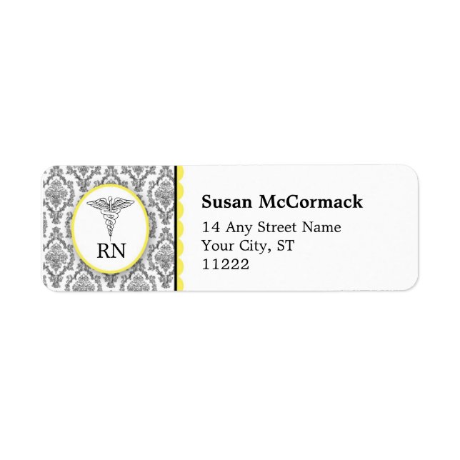 Etiqueta BSN RN LPN Damask Caduceus amarillo negro (Frente)