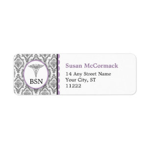 Etiqueta BSN RN LPN Damask Caduceus Lavanda negra