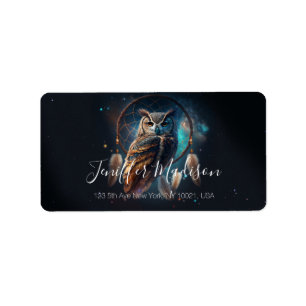 Etiqueta Búho Espacial Místico con Arte de Cazador de Sueño