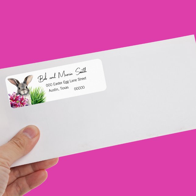 Etiqueta Bunny and Stargazer Lily for Easter (Cute bunny with Easter Stargazer Lily in pink and purple Easter return address labels)