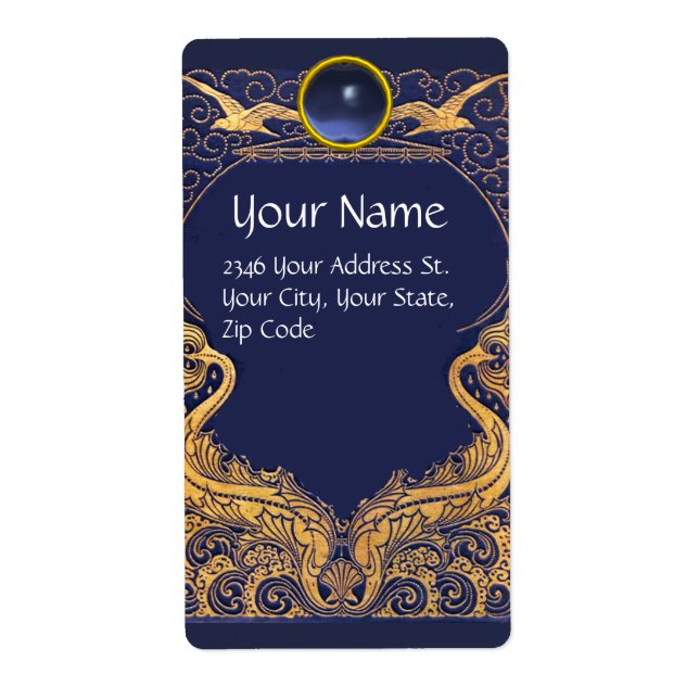 Etiqueta Buque antiguo, delfines, oro, monograma azul marin (Frente)