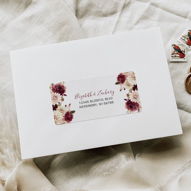 Etiqueta Burgundy Cream Floral Wedding RSVP Dirección (Subido por el creador)