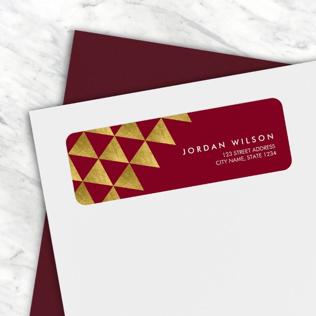 Etiqueta Burgundy Faux Gold Triangle dirección moderna (Subido por el creador)