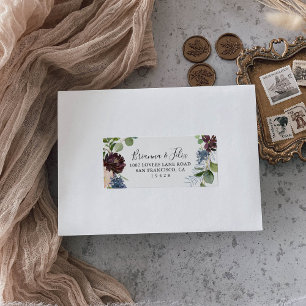 Etiqueta Burgundy Floral Greenery Wedding Dirección RSVP
