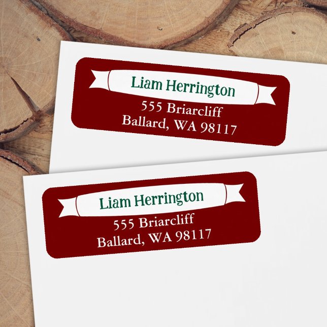 Etiqueta Burgundy & Green Address Label with Banner (green and burgundy red return address labels for invitations and announcements)
