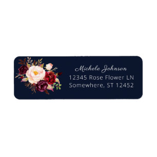 Etiqueta Burgundy Marsala Floral Return Address 2 Navy