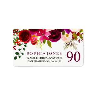 Etiqueta Burgundy Red Floral Boho 90th Birthday Party