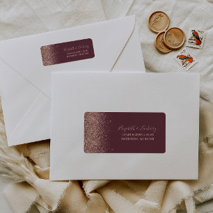 Etiqueta Burgundy Rose Gold Glitter Wedding Return Address