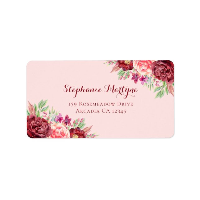 Etiqueta Burgundy Rubor Floral acuarela moderna (Frente)