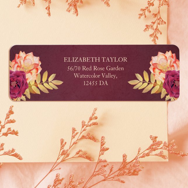 Etiqueta Burgundy Rústico Caída Boho Boda Floral (Burgundy Rustic Fall Boho Floral Wedding Address Label)