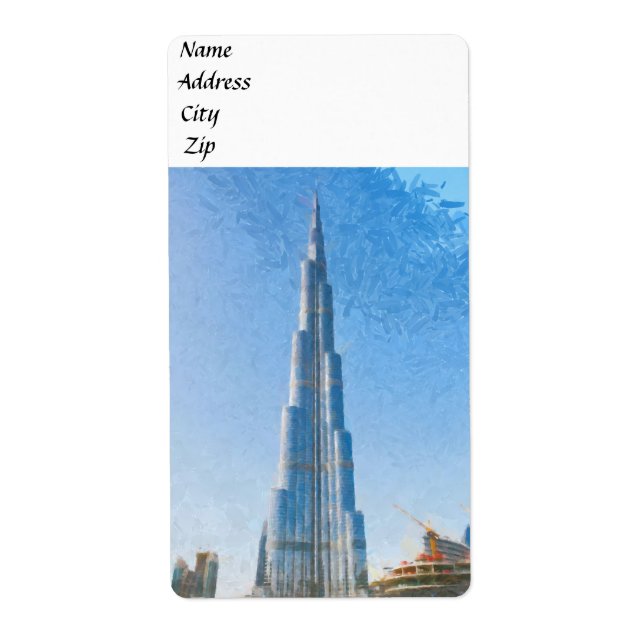 Etiqueta Burj Khalifa, pintura de Dubai (Frente)