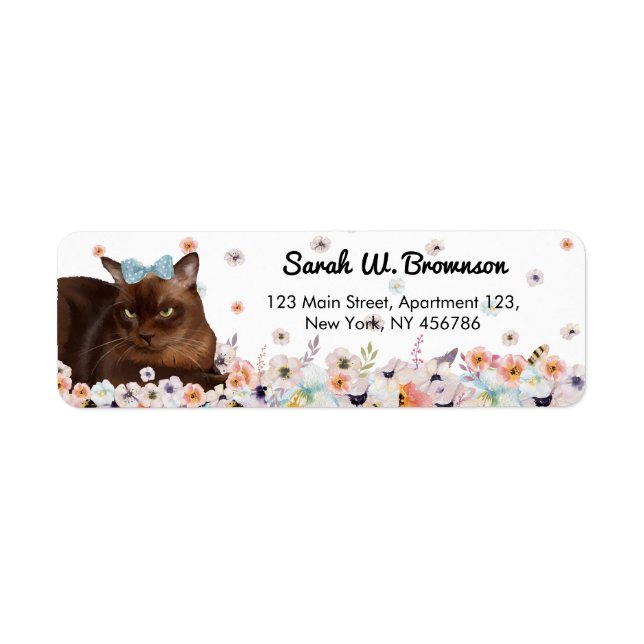 Etiqueta Burmese Brown cat blue bowtie flowers (Frente)