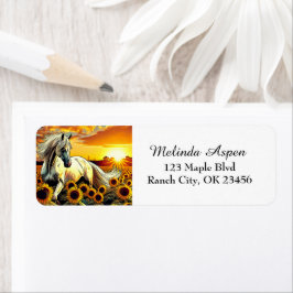 Etiqueta Caballo blanco en campo de girasoles al atardecer
