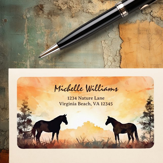 Etiqueta Caballos de acuarela hermosos en dirección de camp (Beautiful Watercolor Horses in Field Address Label)