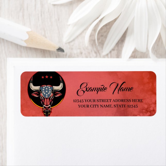 Etiqueta Cabeza de toro patriótica, toro estadounidense. (In situ)