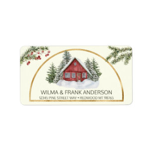 Etiqueta Cabina roja en nieve con Evergreens