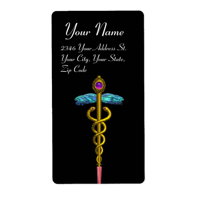 Etiqueta CADUCEUS, amatista dorado vibrante , negro (Frente)