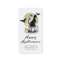 Etiqueta Calabaza de gatos de Halloween espeluznante