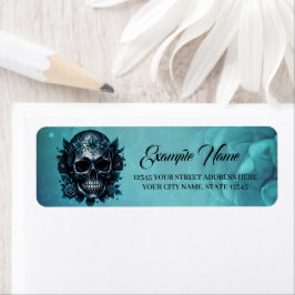 Etiqueta Calavera azul oscuro con rosas