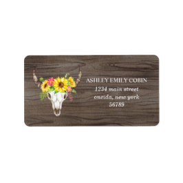 Etiqueta Calavera de toro rústica en madera oscura con gira