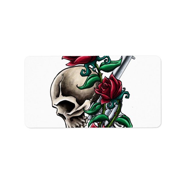 Etiqueta Calavera occidental con rosas rojas y pistol revel (Frente)