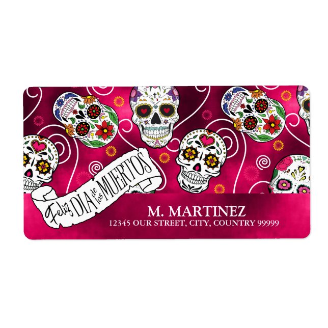 Etiqueta Calaveras de azúcar y Swirls Subió Red ID725 (Frente)