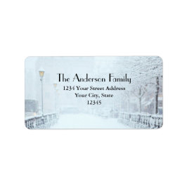 Etiqueta Calle cubierta de nieve rodeada de árboles y farol