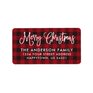 Etiqueta Calligraphy Script Navidades Red Plaid Address