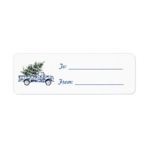 Etiqueta Camión Árbol de Navidad Blanco Azul