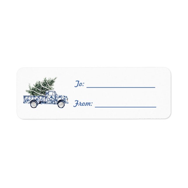Etiqueta Camión Árbol de Navidad Blanco Azul (Frente)