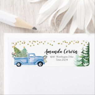 Etiqueta Camión azul para Navidades de los bosques de invie