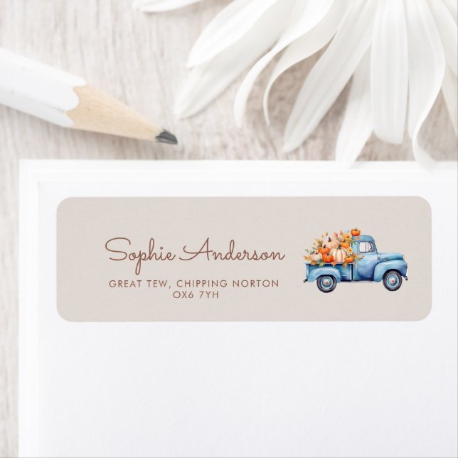 Etiqueta Camión de calabaza azul Baby Shower Fall Boy (In situ)