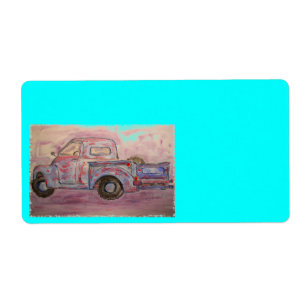 Etiqueta camioneta anticuada azul patina