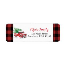 Etiqueta camioneta roja de Navidad a cuadros búfalo