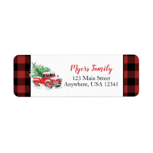 Etiqueta camioneta roja de Navidad a cuadros búfalo