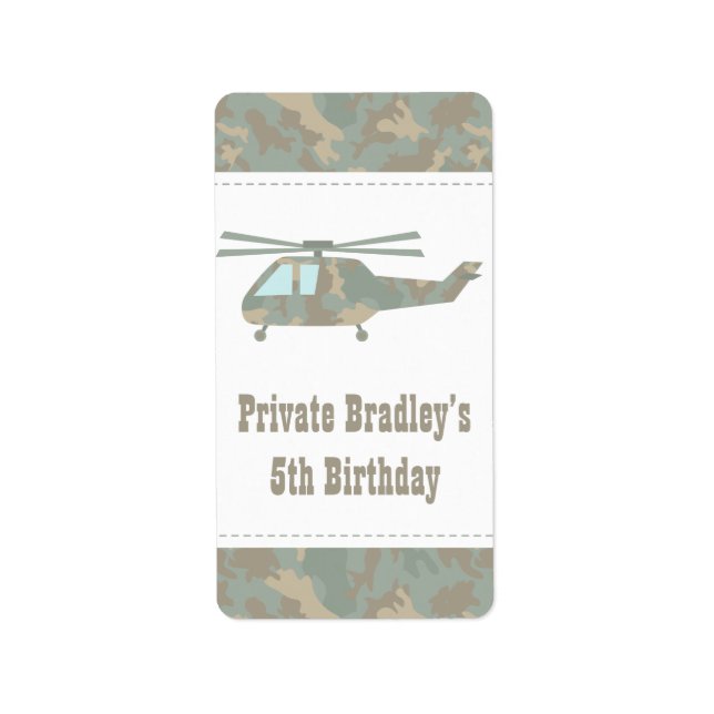 Etiqueta Camo Print Helicopter Army Boys Fiesta de cumpleañ (Frente)