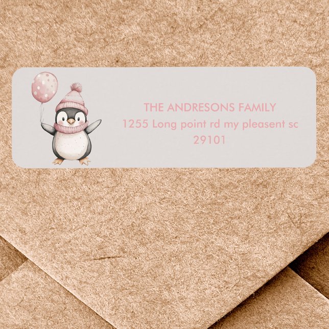 Etiqueta caprichosa de cumpleaños pingüino | Rosa  (Subido por el creador)