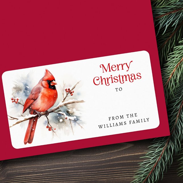Etiqueta Cardenal rojo en la rama de invierno Regalo navide (Red cardinal on winter branch Merry Christmas gift Label)