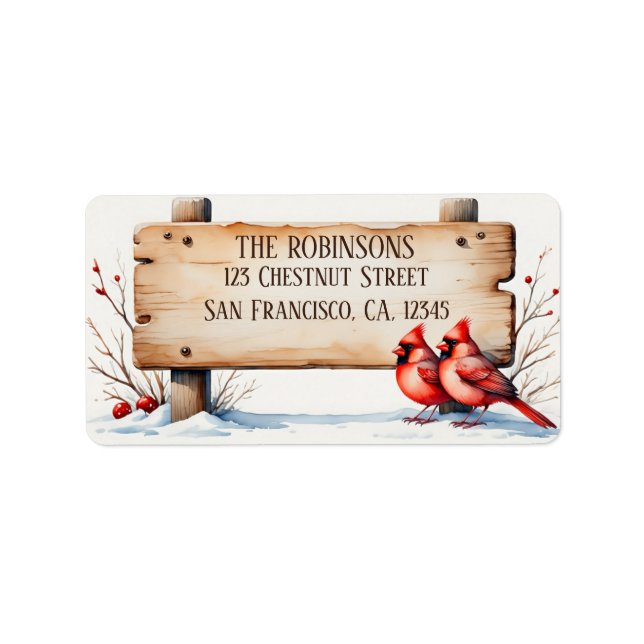 Etiqueta Cardenales de invierno acuarela con Rótulo de made (Frente)