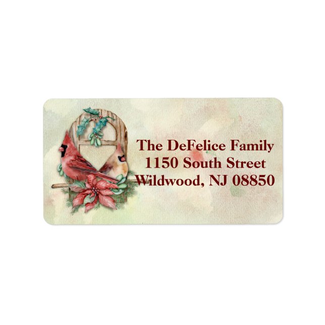 Etiqueta Cardenales de invierno emparejan con Poinsettia (Frente)