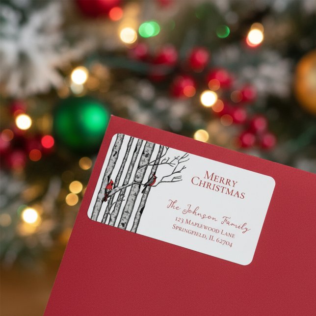 Etiqueta Cardenales de navidad de Feliz Birch Branches (Elegant Festive Winter Return Address Label. Hand Drawn Red Cardinal Birds in Birch Trees)