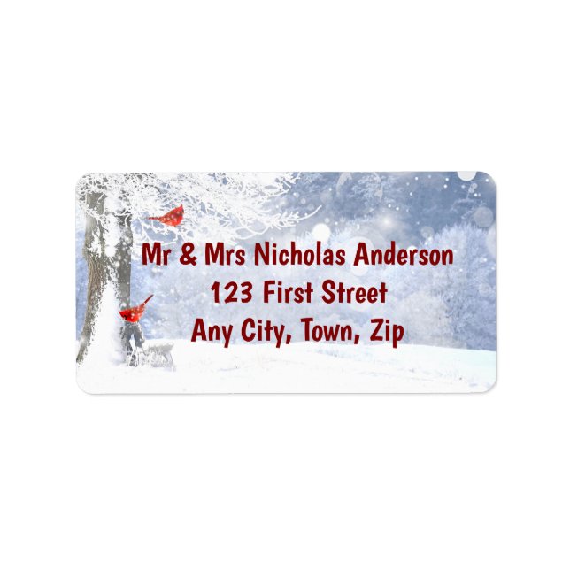 Etiqueta Cardenales rojos Navidades de aves nevan árboles (Frente)