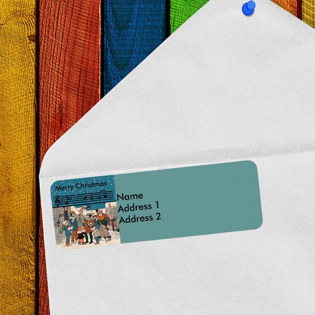Etiqueta Caroleros musicales de Navidad (Merry Christmas old time carolers and musicians on Street corner on return address label.)